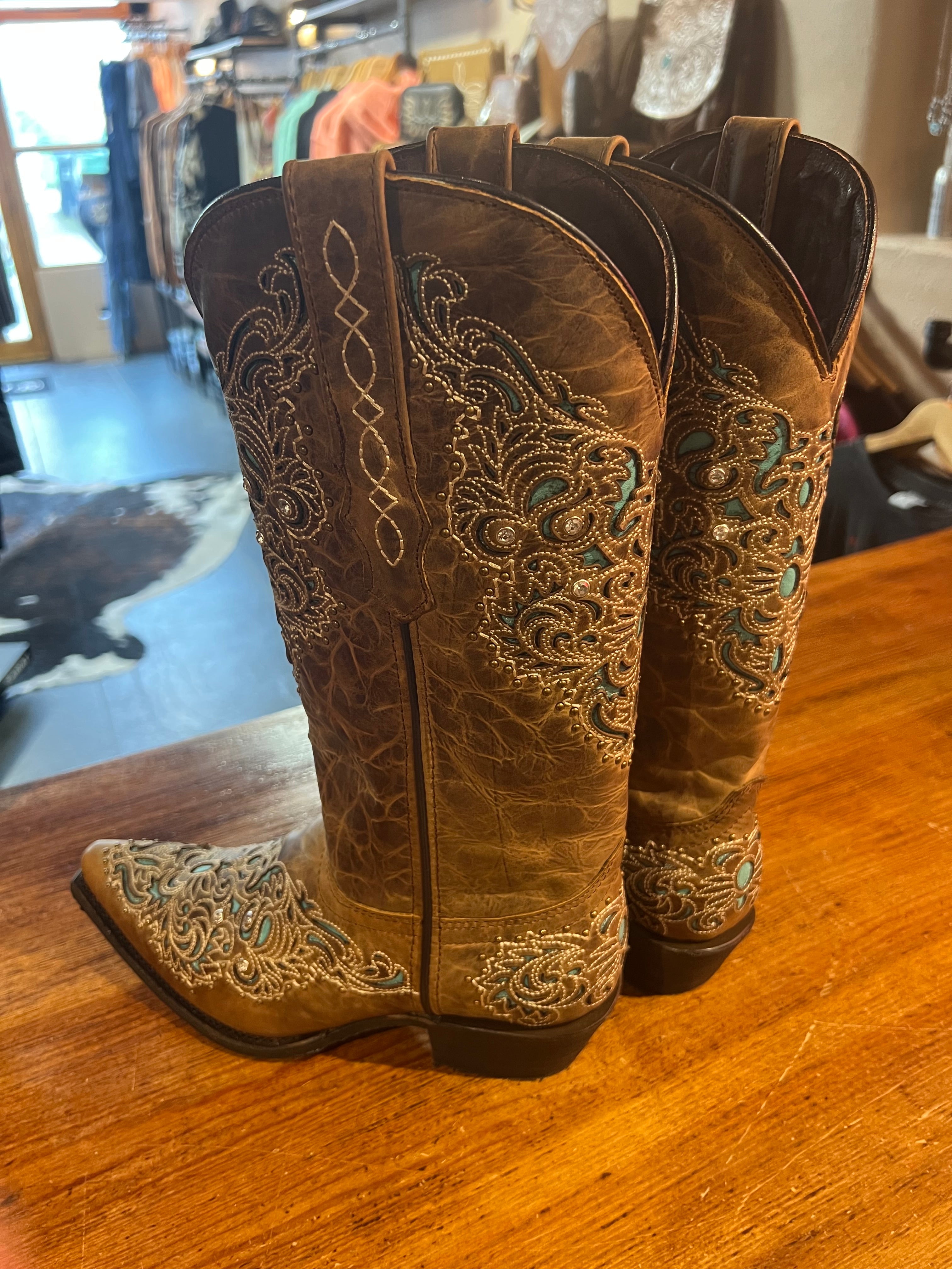 Wildflower Turquoise Diamanté Leather Cowboy Boots