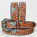 Turquoise Aztec Tooled Leather Belt with Whipstitch and Engraved Buckle