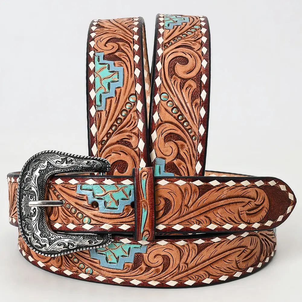Turquoise Aztec Tooled Leather Belt with Whipstitch and Engraved Buckle