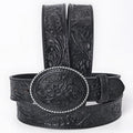 Hand-Tooled Black Floral Western Leather Belt with Oval Buckle