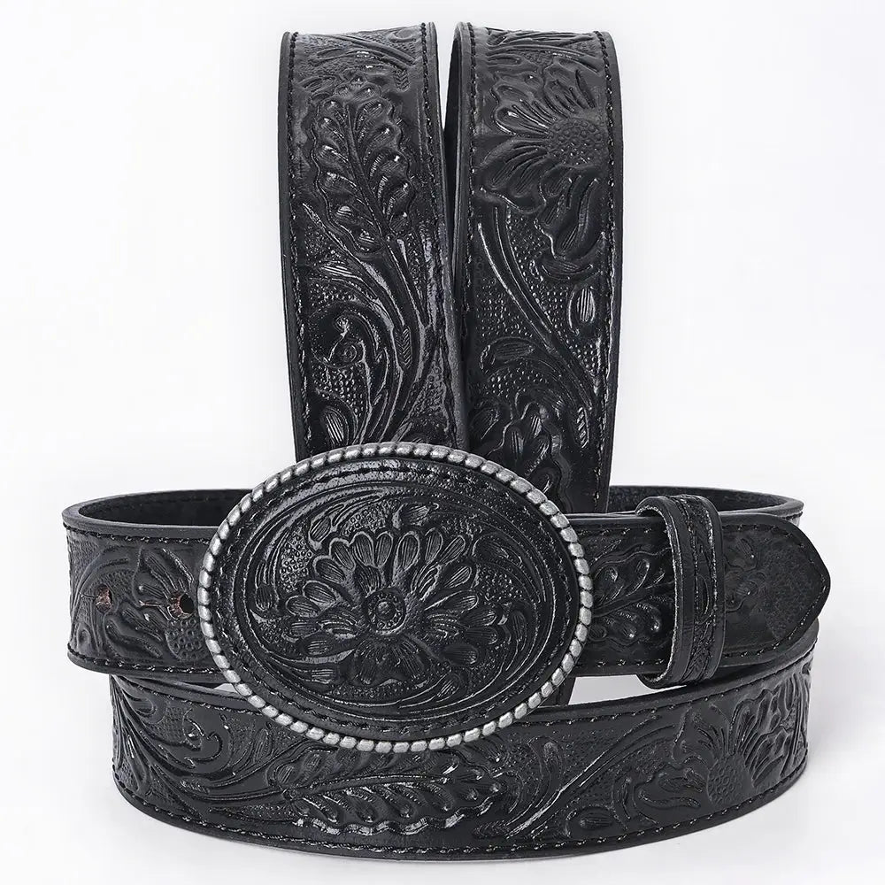 Hand-Tooled Black Floral Western Leather Belt with Oval Buckle