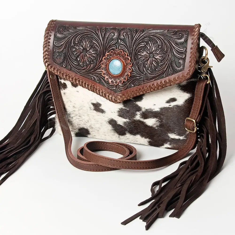 American Darling Cowhide Genuine Hand Tooled Leather Fringe Bag