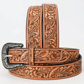 Tan Hand-Tooled Leather Belt with Classic Floral Design & Silver Buckle