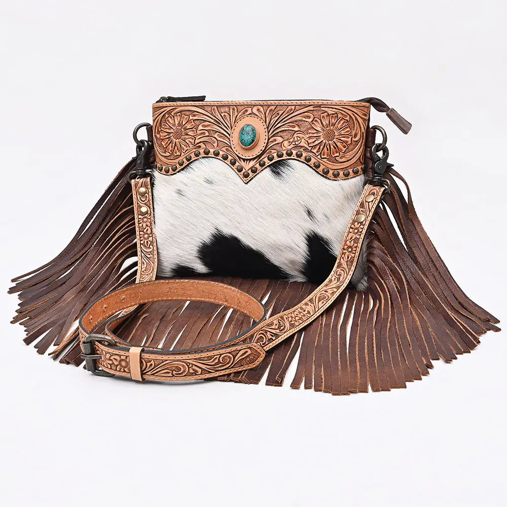 American Darling Hand Tooled Floral & Cowhide Cross Body Bag with Western Fringes