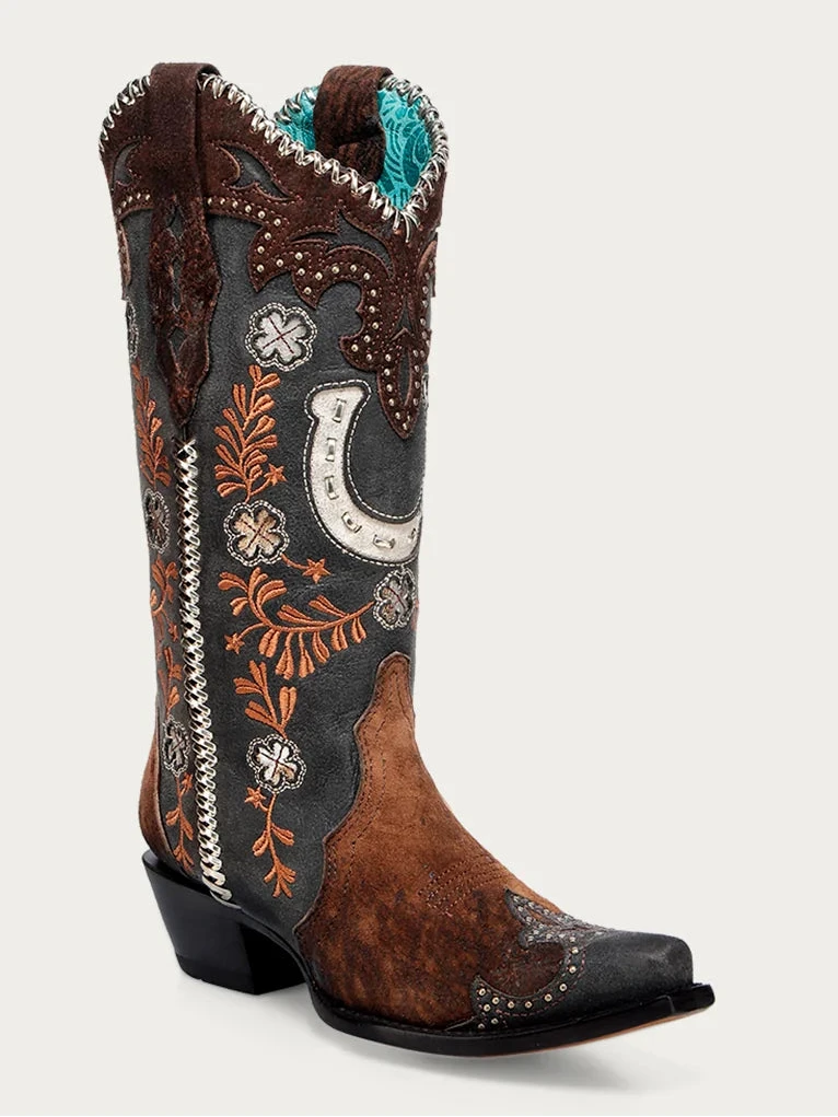 Corral Floral Horseshoe And Embroidery Snip Toe Brown Cowboy Boots A4862
