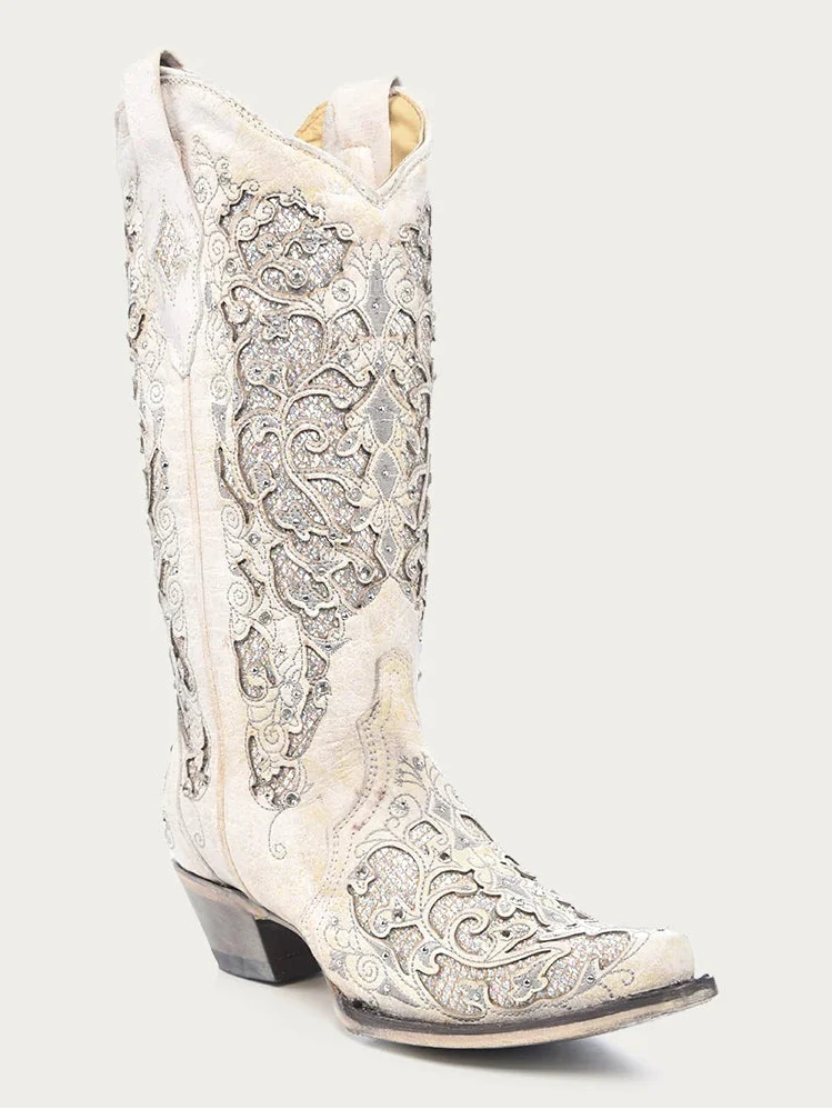Corral White Glittered Inlay And Crystals Snip Toe Wedding Cowboy Boot