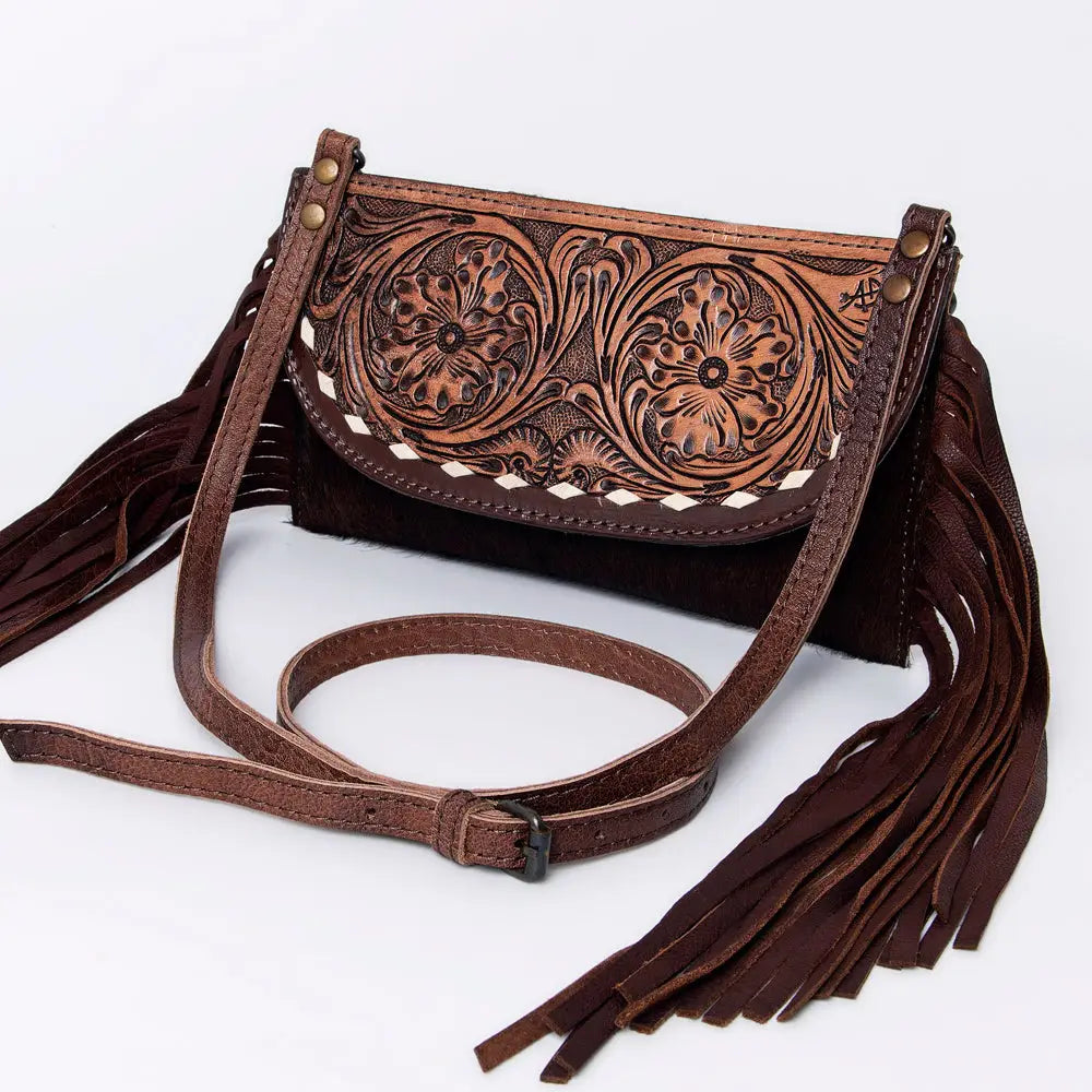 American Darling Hand Tooled Genuine Leather Fringe Western Purse Bag