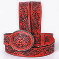 Red Floral Hand-Tooled Leather Belt with Western Oval Buckle