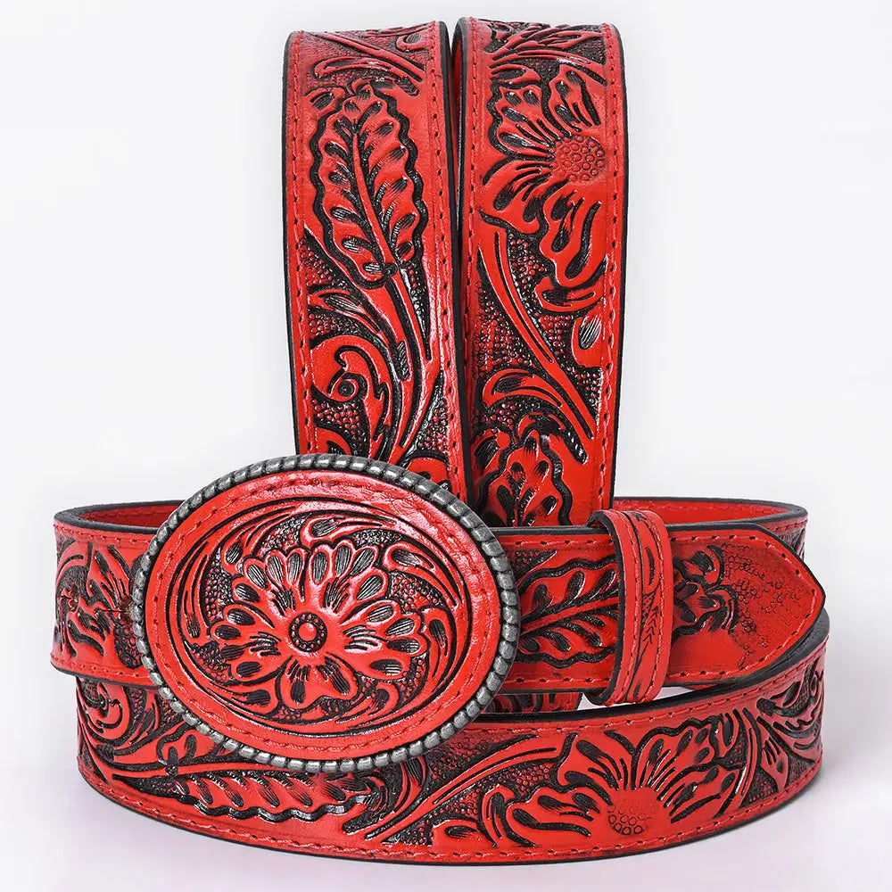 Red Floral Hand-Tooled Leather Belt with Western Oval Buckle