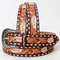 Tooled Leather Western Belt - Feather & Floral Carving with White Diamond Edge and Silver Buckle