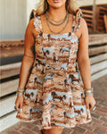 Lucky & Blessed Beige Running Horse Woven Ruffle Strap Dress