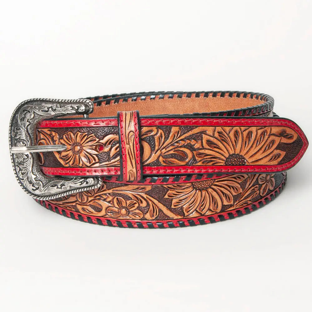 Hand-Tooled Western Leather Belt with Red Trim and Floral Engraving