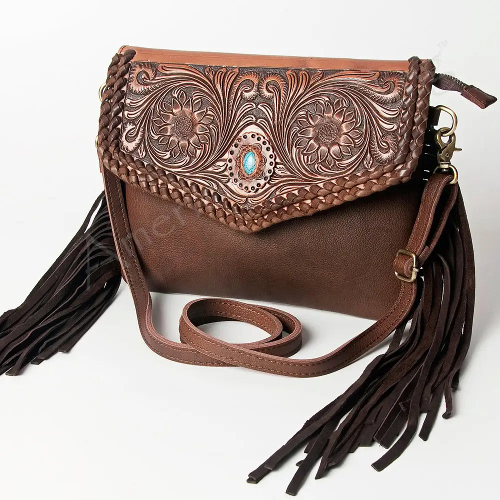 American Darling Genuine Leather Hand Tooled Fringe Western Bag
