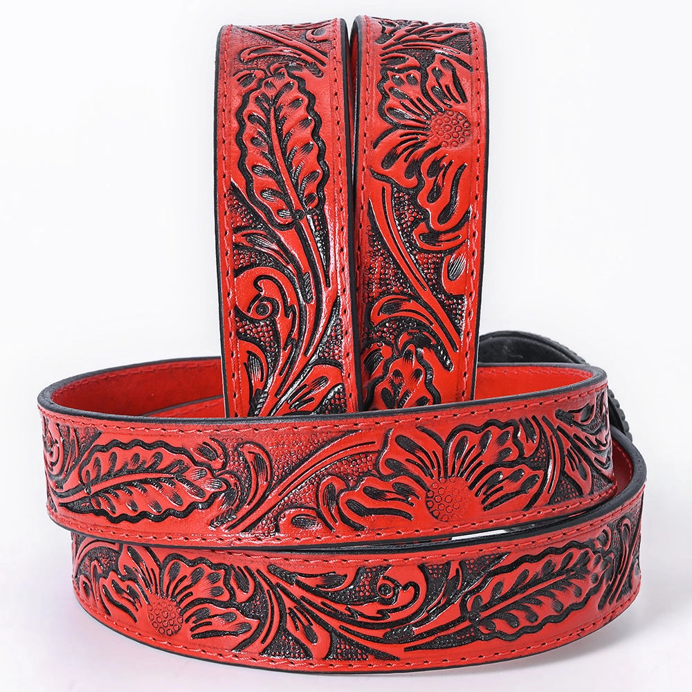 Red Floral Hand-Tooled Leather Belt with Western Oval Buckle