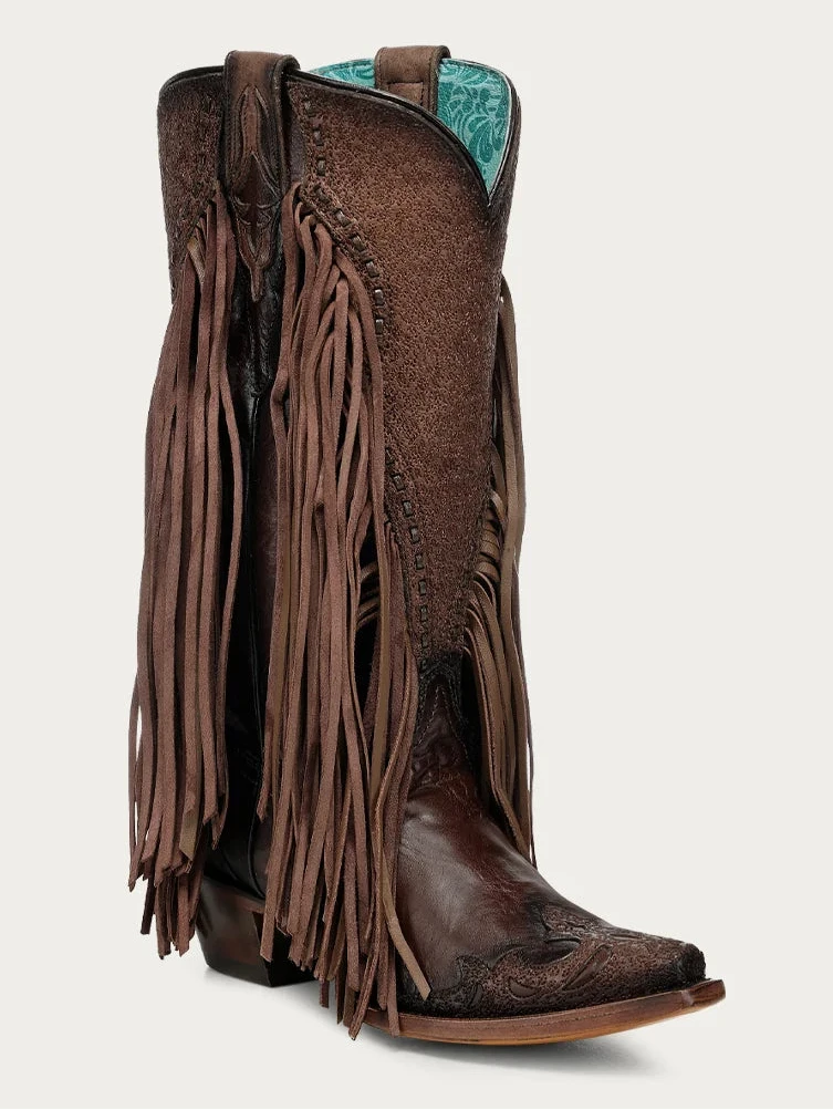 Corral Brown Overlay Lamb Fringe Woven Snip Toe Cowboy Boots A5023