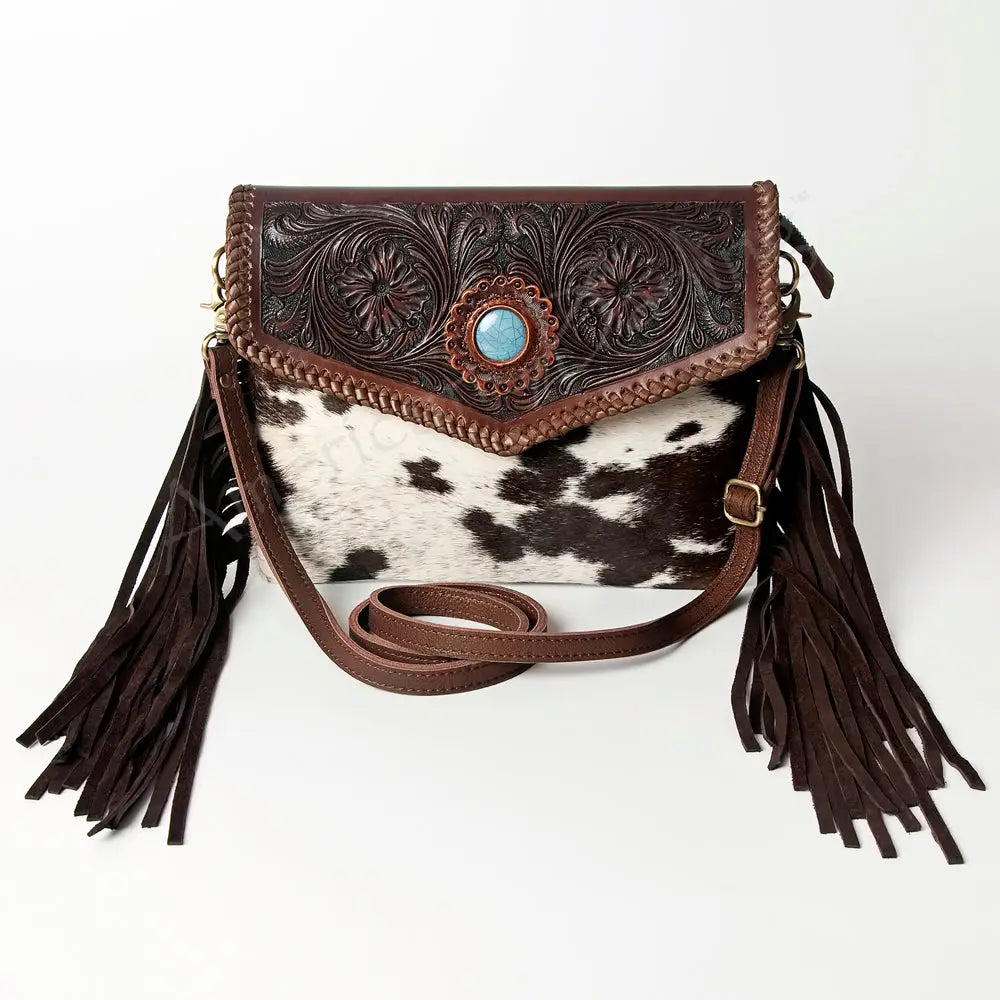 American Darling Cowhide Genuine Hand Tooled Leather Fringe Bag