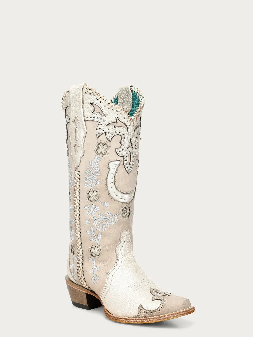 Corral Bone Horseshoe Overlay Snip Toe Cowboy Boot A5069