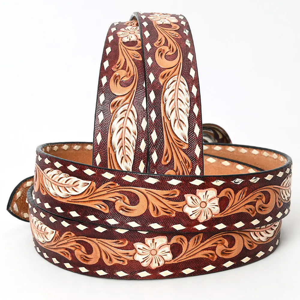 Tooled Leather Western Belt - Feather & Floral Carving with White Diamond Edge and Silver Buckle