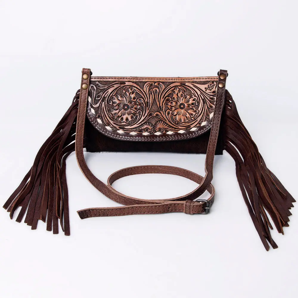 American Darling Hand Tooled Genuine Leather Fringe Western Purse Bag