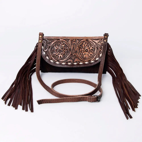 American Darling Hand Tooled Genuine Leather Fringe Western Purse Bag