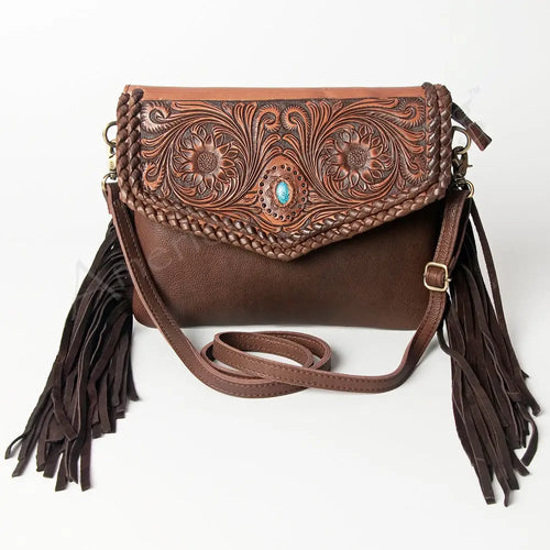 American Darling Genuine Leather Hand Tooled Fringe Western Bag