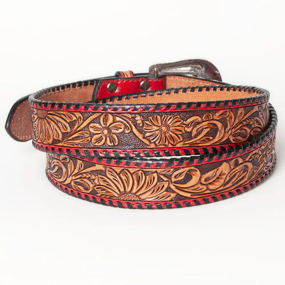 Hand-Tooled Western Leather Belt with Red Trim and Floral Engraving
