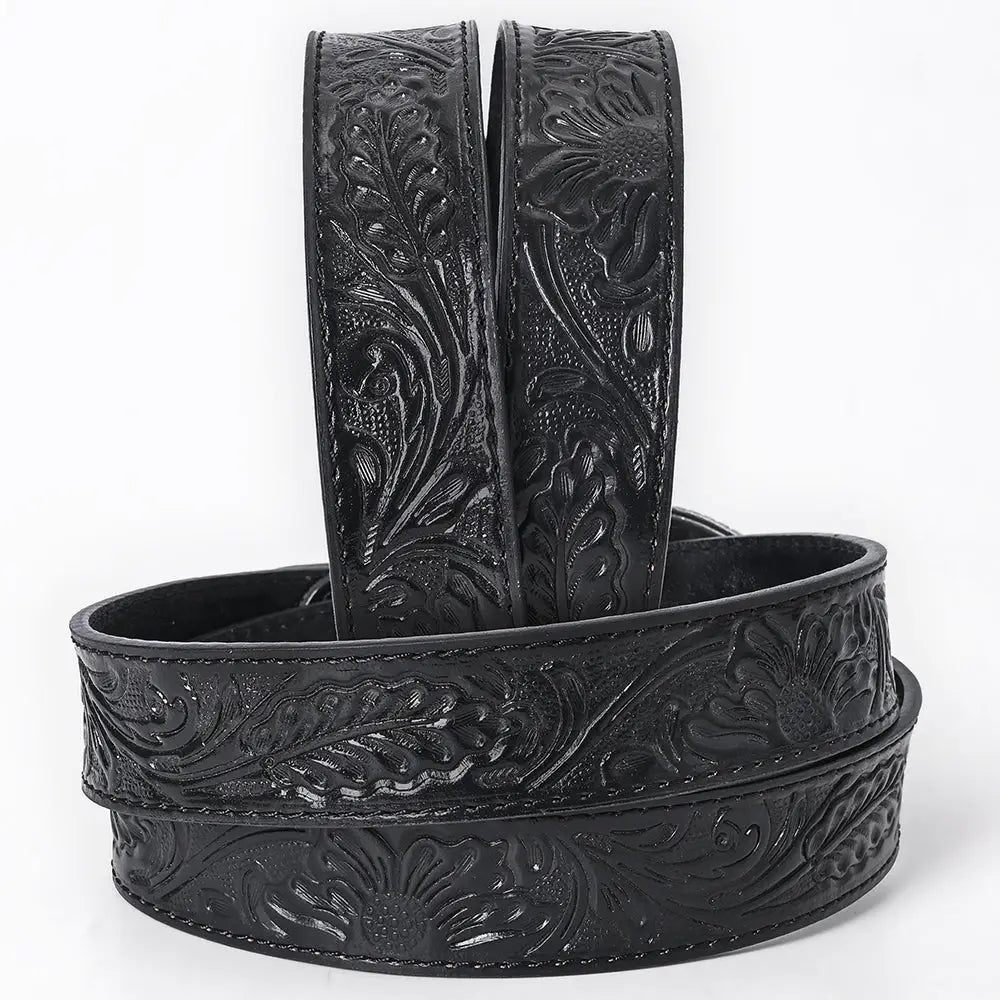 Hand-Tooled Black Floral Western Leather Belt with Oval Buckle