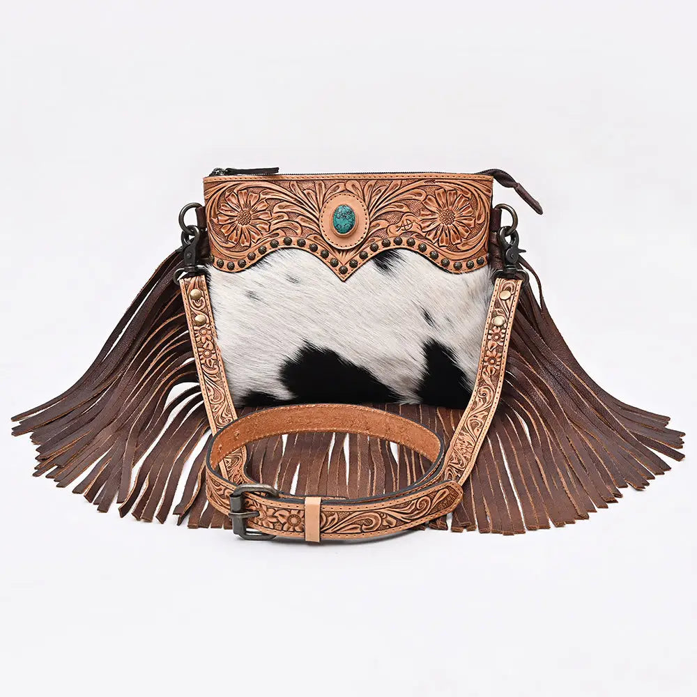 American Darling Hand Tooled Floral & Cowhide Cross Body Bag with Western Fringes
