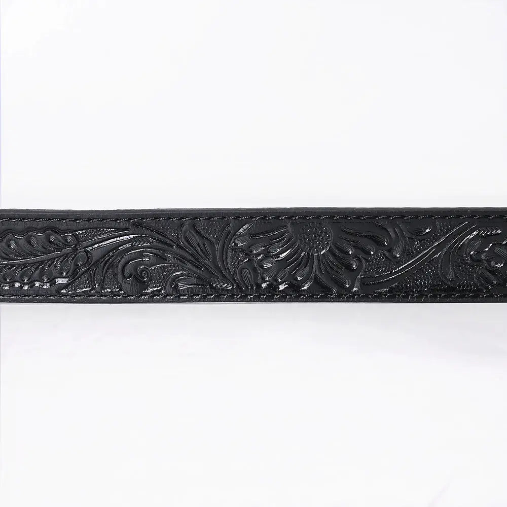 Hand-Tooled Black Floral Western Leather Belt with Oval Buckle