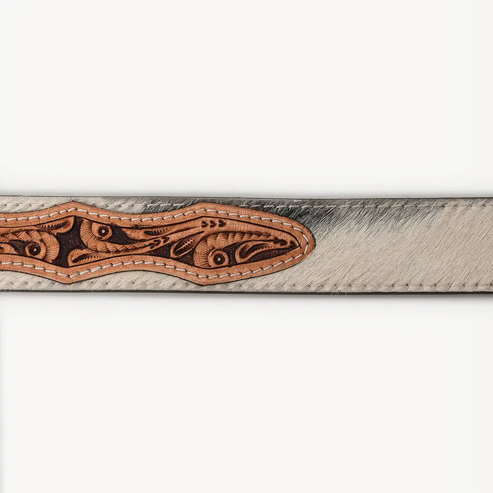 White Hair-On Cowhide Belt with Floral Tooled Leather Inlays and Western Buckle