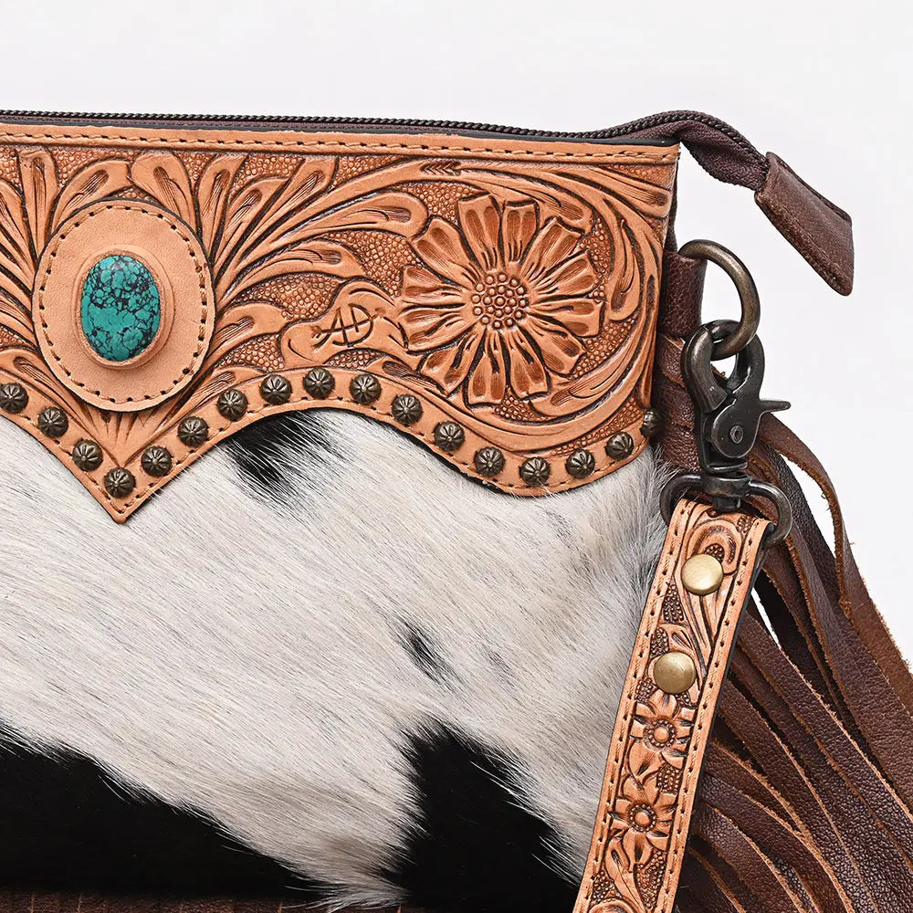 American Darling Hand Tooled Floral & Cowhide Cross Body Bag with Western Fringes
