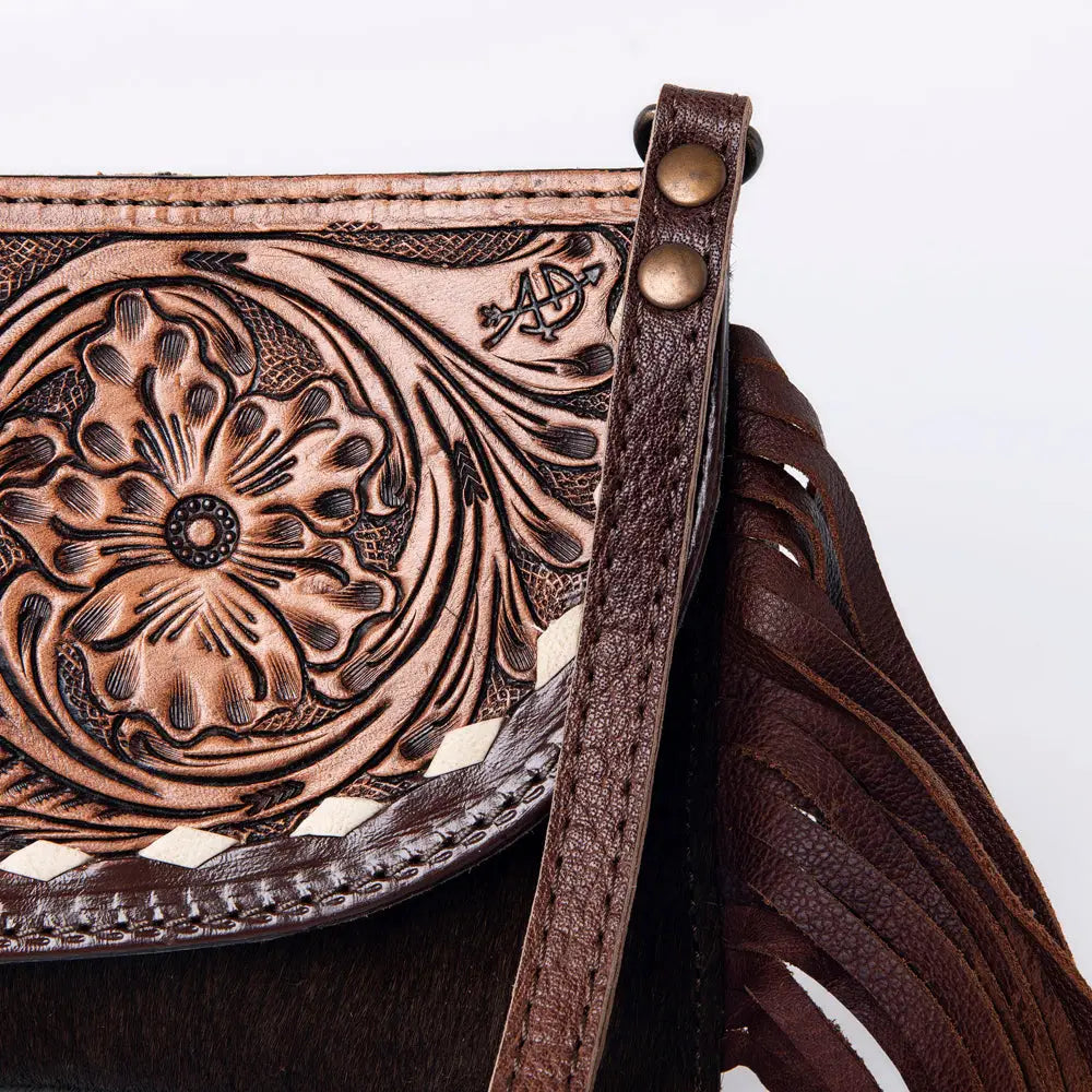 American Darling Hand Tooled Genuine Leather Fringe Western Purse Bag
