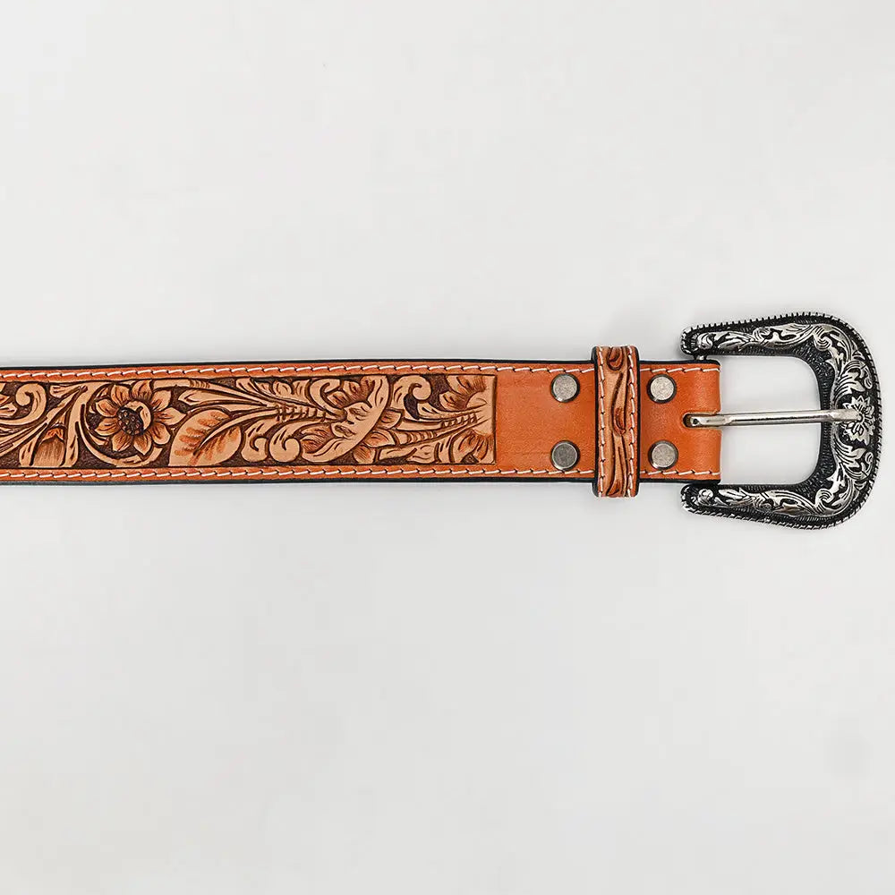 Tan Hand-Tooled Leather Belt with Classic Floral Design & Silver Buckle