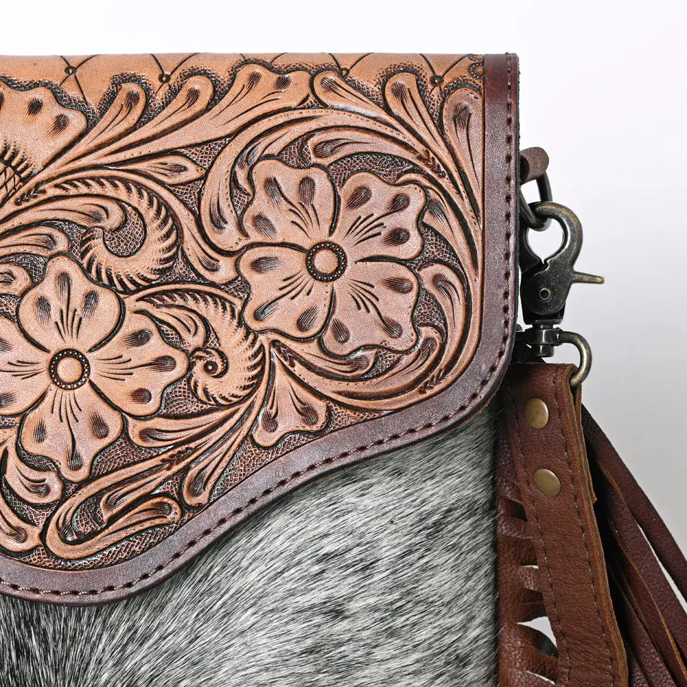 Hand Tooled Leather Western Fringe Cowhide Bag