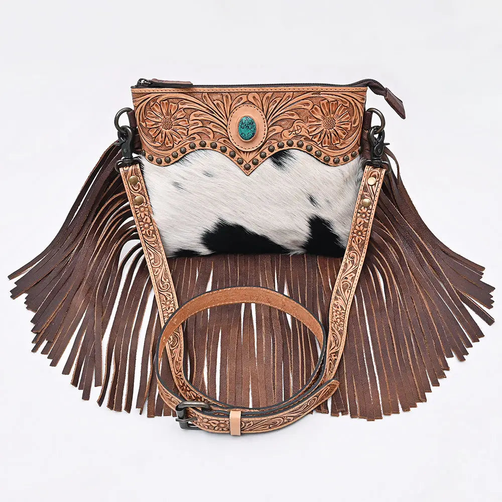 American Darling Hand Tooled Floral & Cowhide Cross Body Bag with Western Fringes