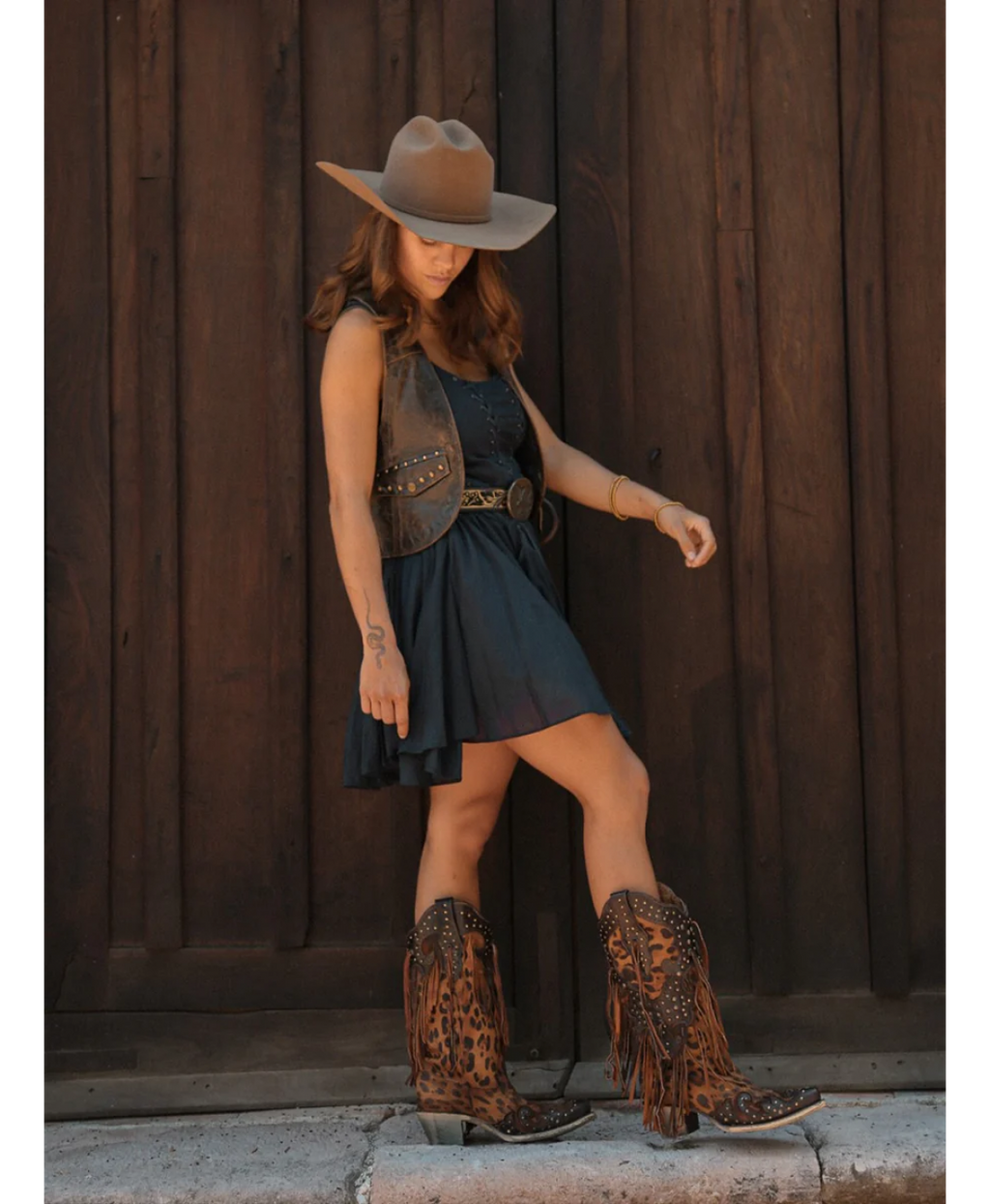 Corral Honey Leopard Fringe Snip Toe Cowboy Boot A3618