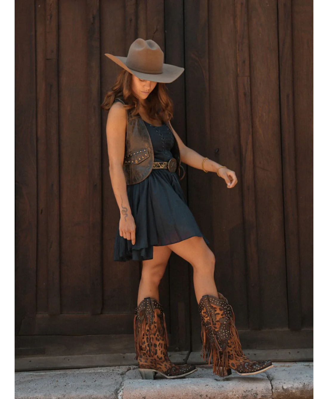 Corral Honey Leopard Fringe Snip Toe Cowboy Boot A3618