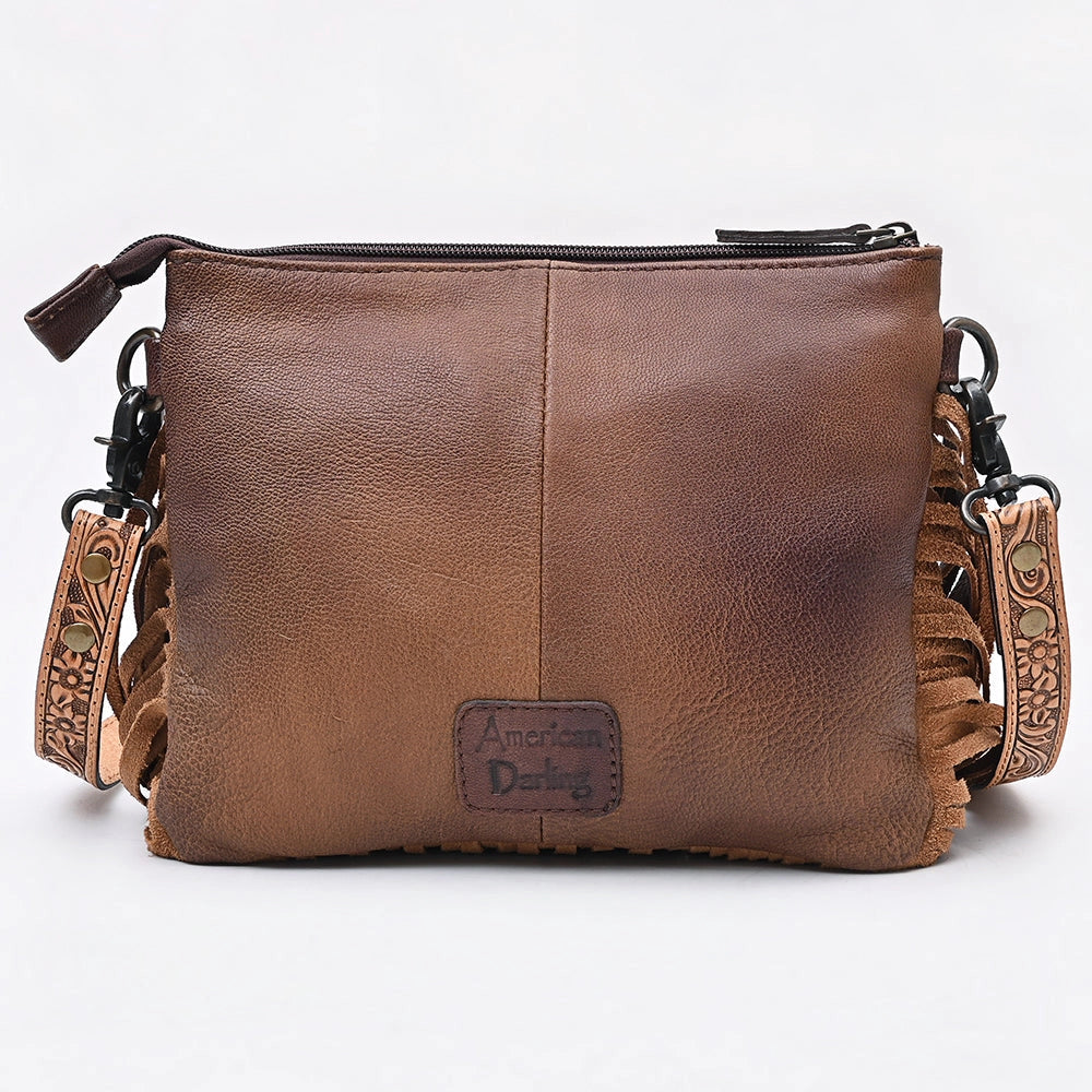 American Darling Hand Tooled Floral & Cowhide Cross Body Bag with Western Fringes