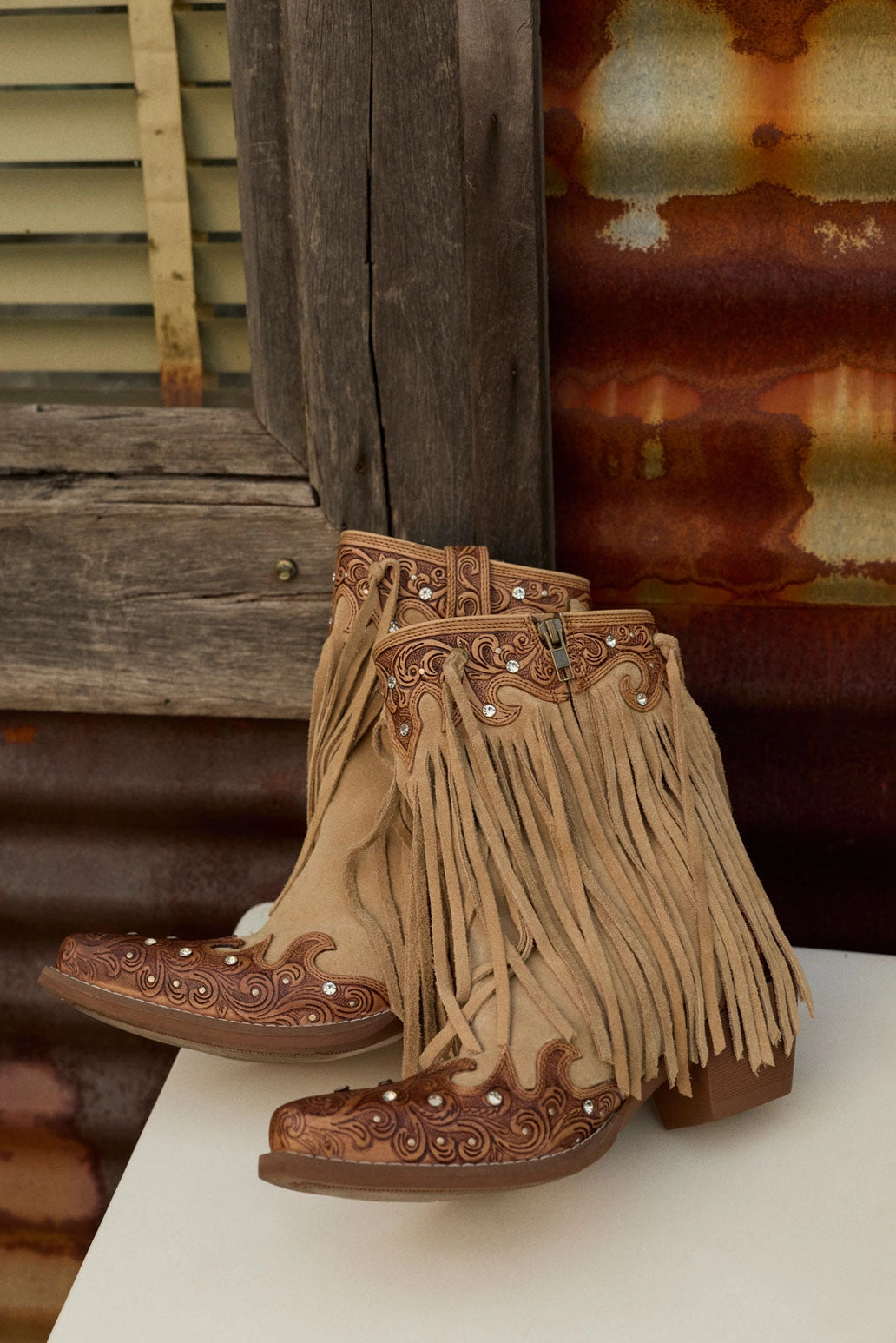 Myra Nashville Nights Fringe Cowboy Boots Handtooled with Swarovski Stones
