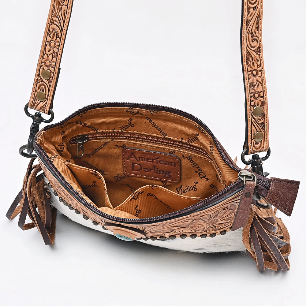 American Darling Hand Tooled Floral & Cowhide Cross Body Bag with Western Fringes
