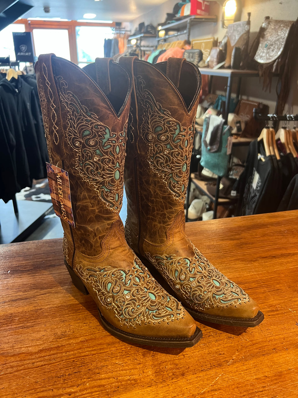 Wildflower Turquoise Diamanté Leather Cowboy Boots
