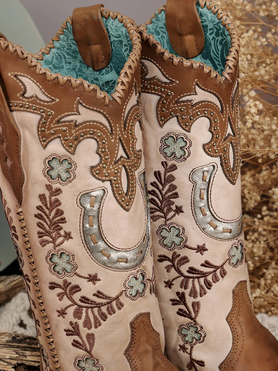 Corral Honey Horseshoe Overlay Handwoven Snip Toe Cowboy BootS A4863
