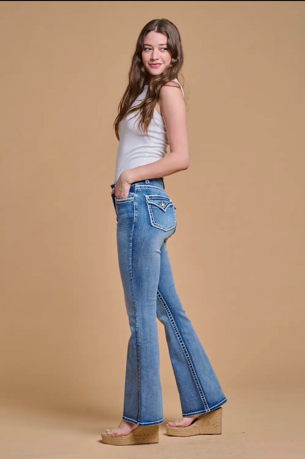Mid Wash Boot Cut Western Jeans